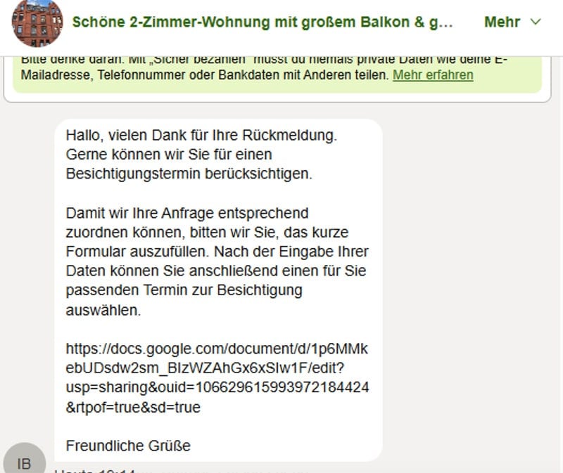 Screenshot: Kleinanzeigen: Vorsicht vor Fake-Wohnungen mit angeblichem Besichtigungsformular