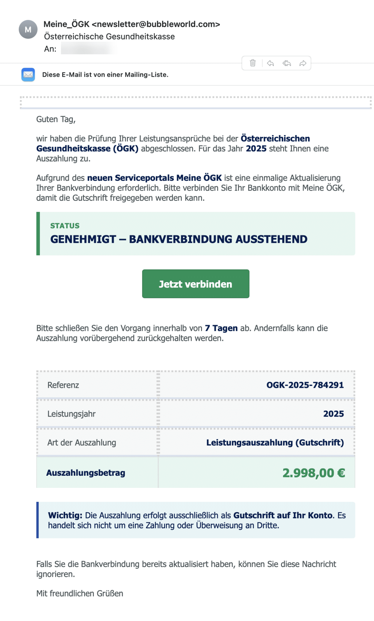 Screenshot: Fake-Auszahlung per ÖGK-Mail