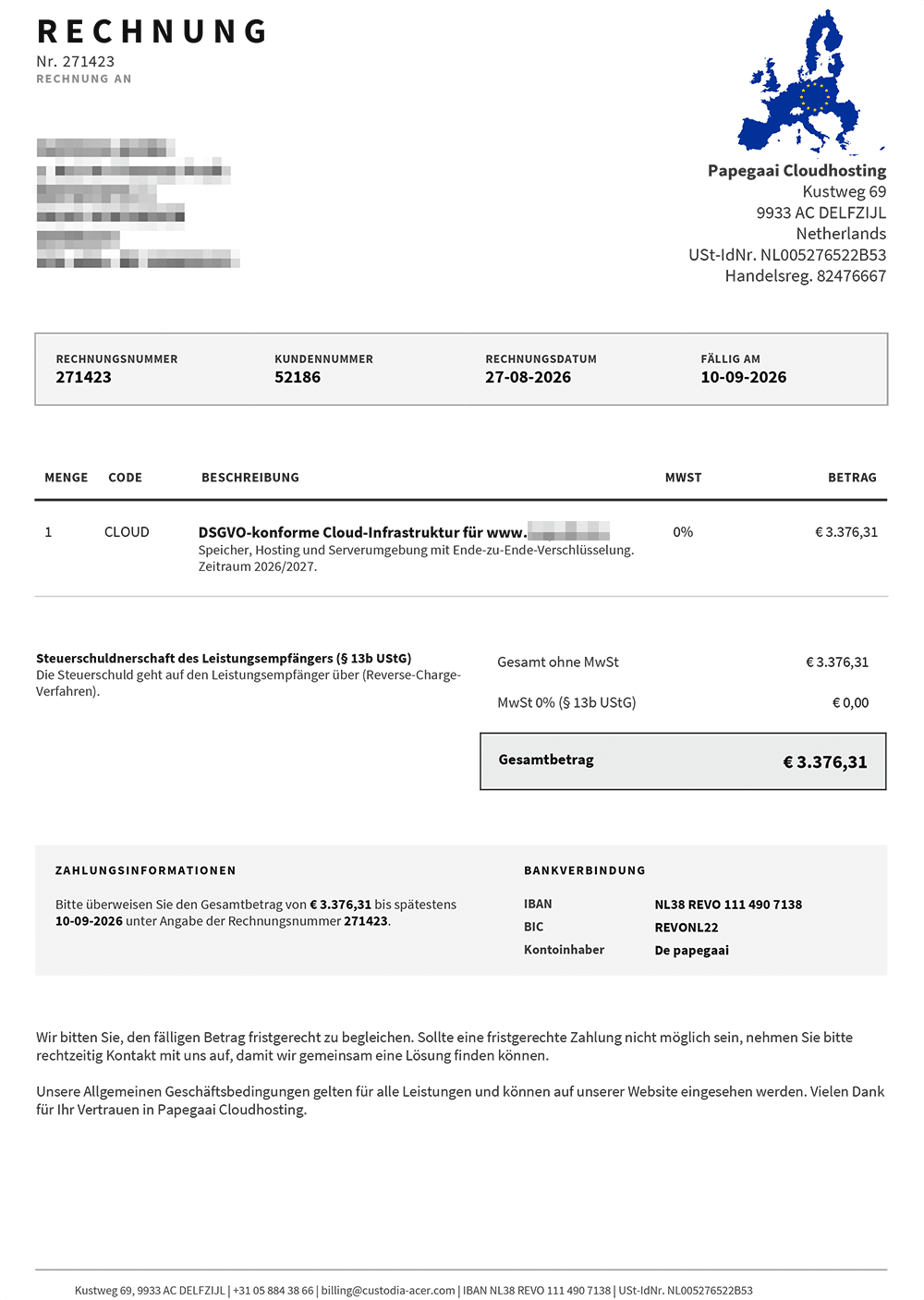 Screenshot: Fake-Rechnung von Papegaai Cloudhosting / custodia-acer