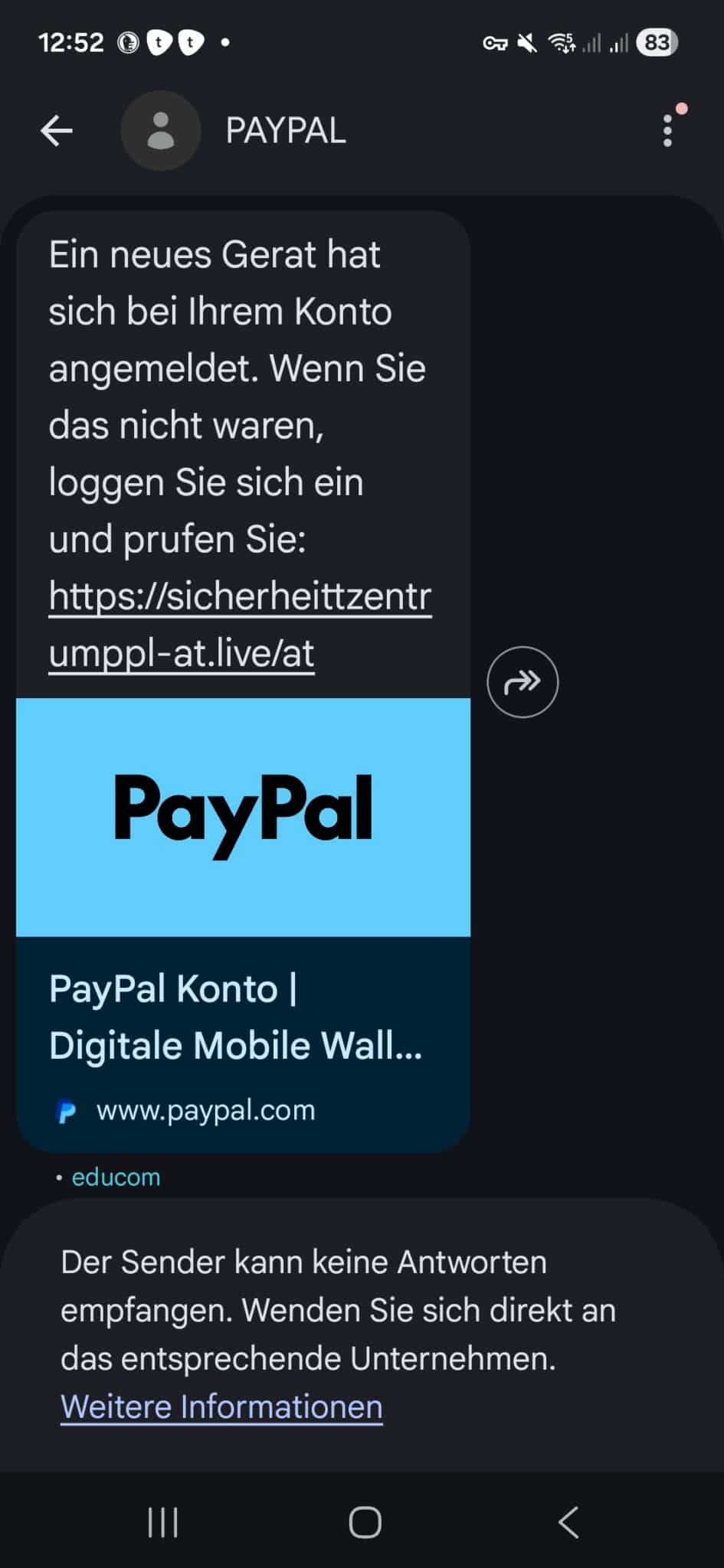 Screenshot: Phishing im Namen von PayPal