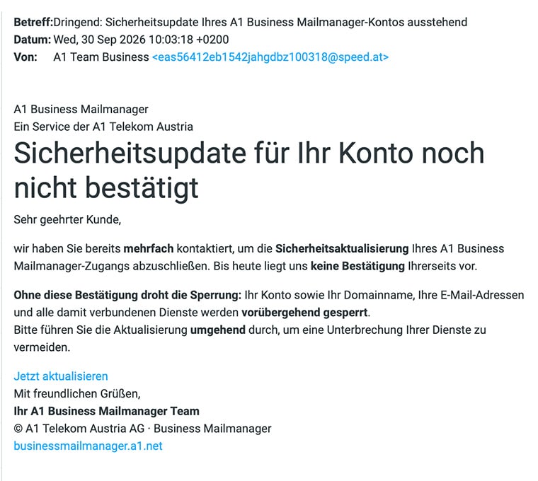 Phishing im Namen von A1 Business