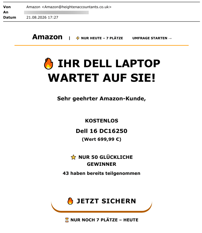 Screenshot: Betrugs-Mail zu Dell-Laptop von Amazon
