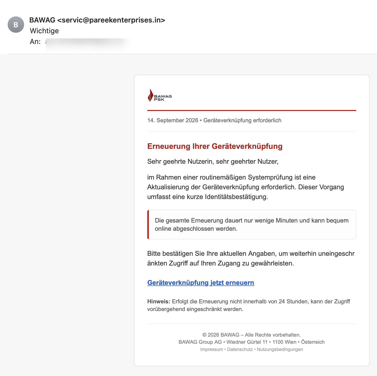 Screenshot: Phishing-Mail im Namen von BAWAG PSK