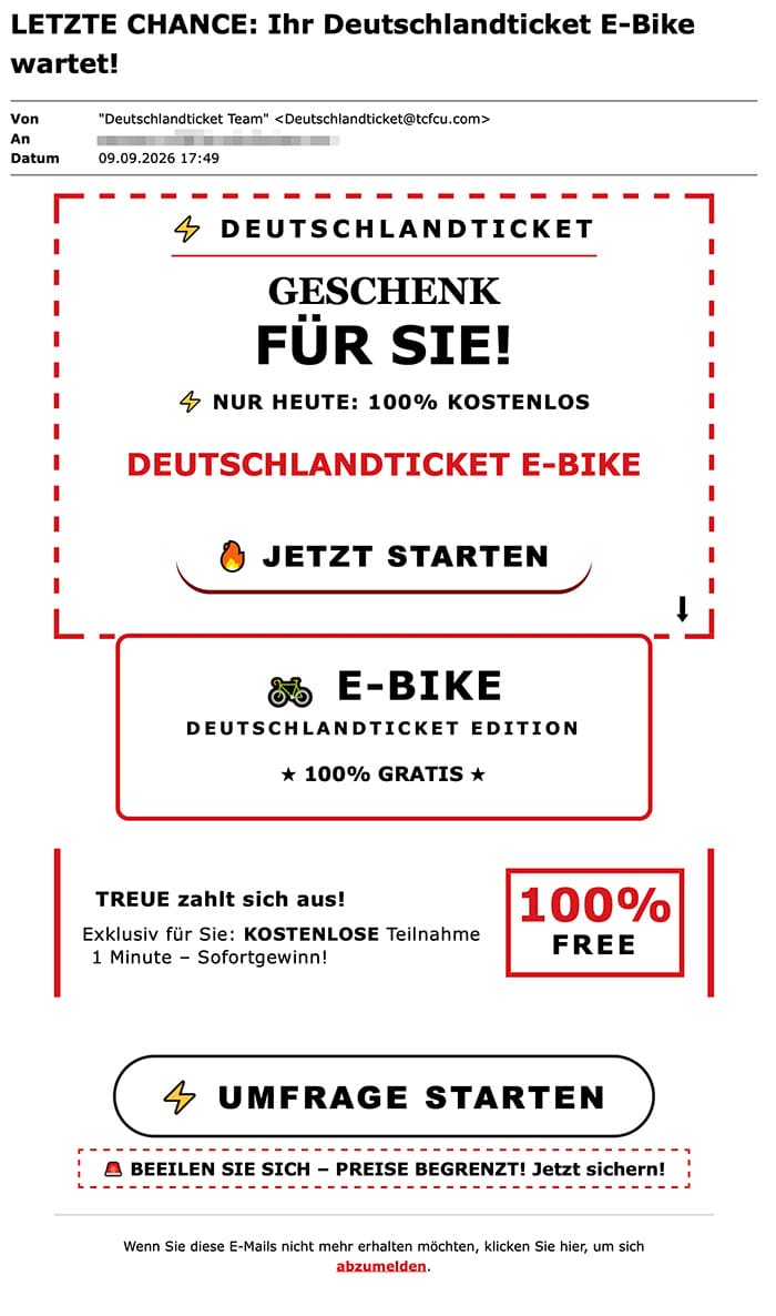 Screenshot: Fake-Gewinnmail von Deutschlandticket