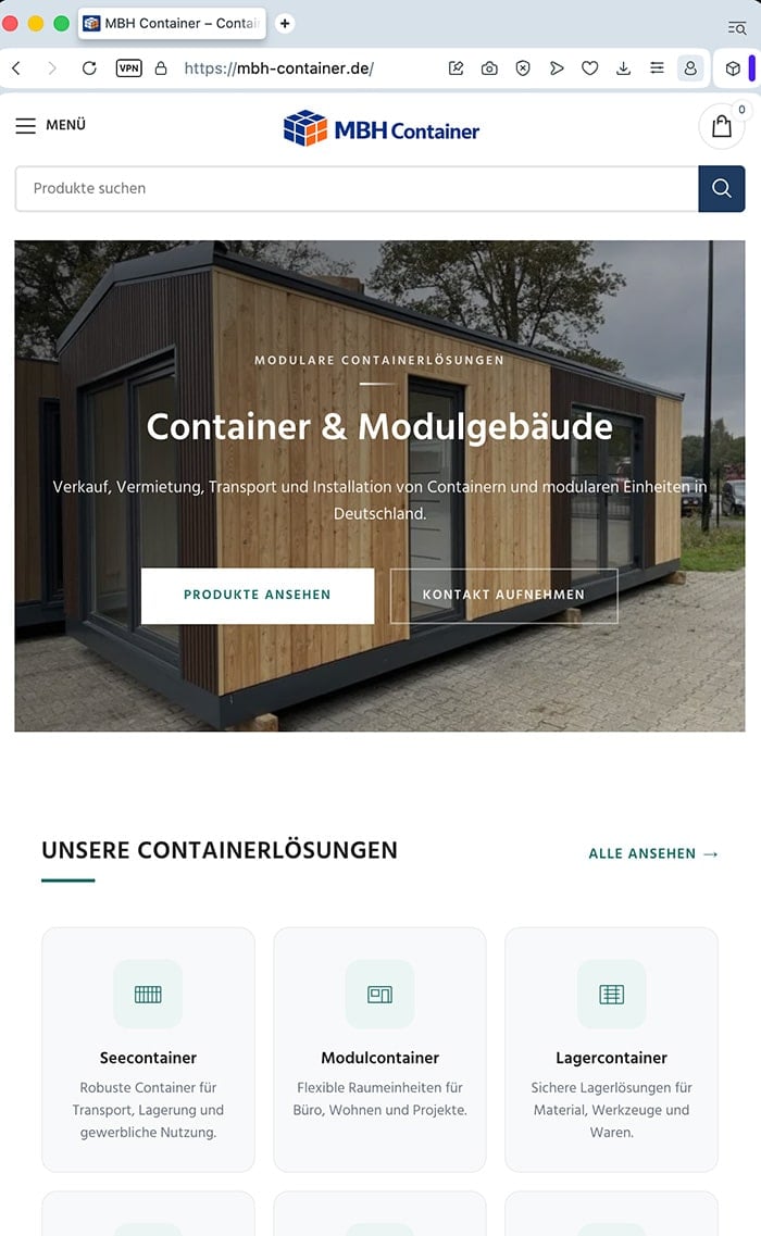 Screenshot: Fake-Shop mbh-container[.de]: Daten einer längst gelöschten Firma missbraucht