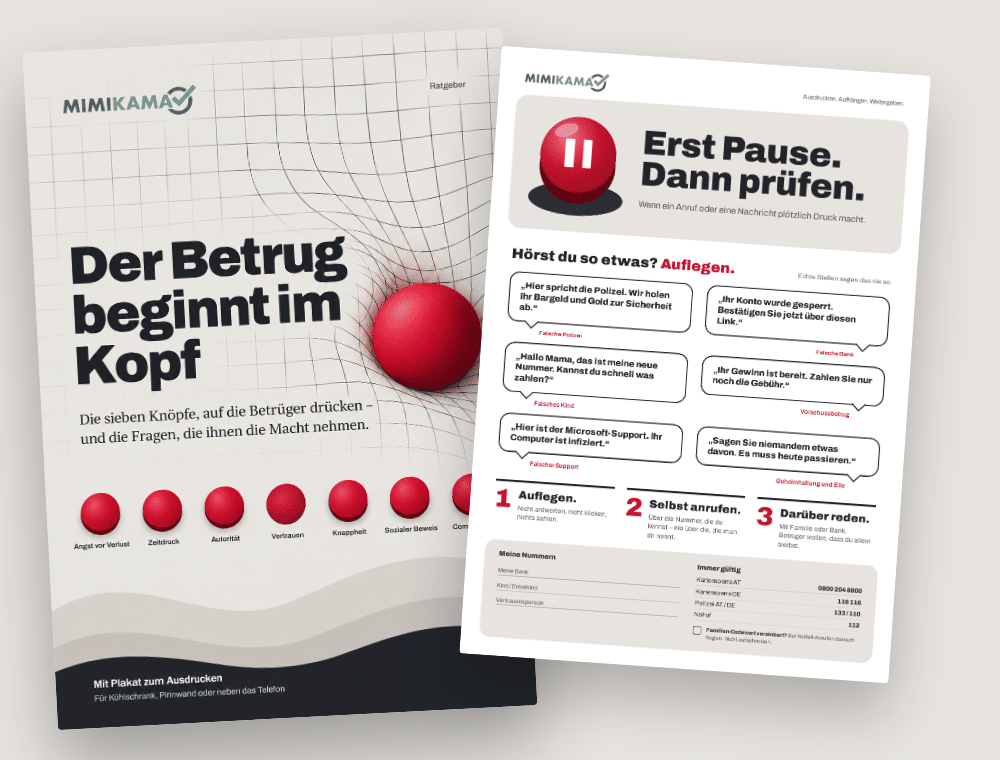 Ratgeber „Der Betrug beginnt im Kopf“ und Plakat „Erst Pause. Dann prüfen.“ von Mimikama