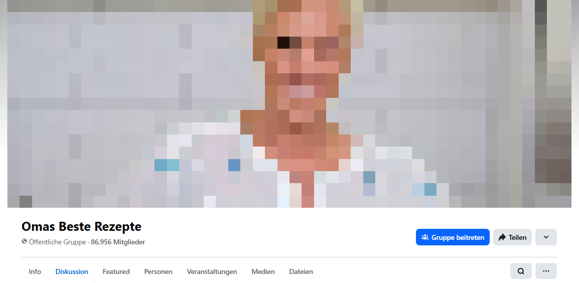 Kopfbereich der öffentlichen Facebook-Gruppe „Omas Beste Rezepte“ mit 86.956 Mitgliedern. Das Titelbild ist verpixelt.