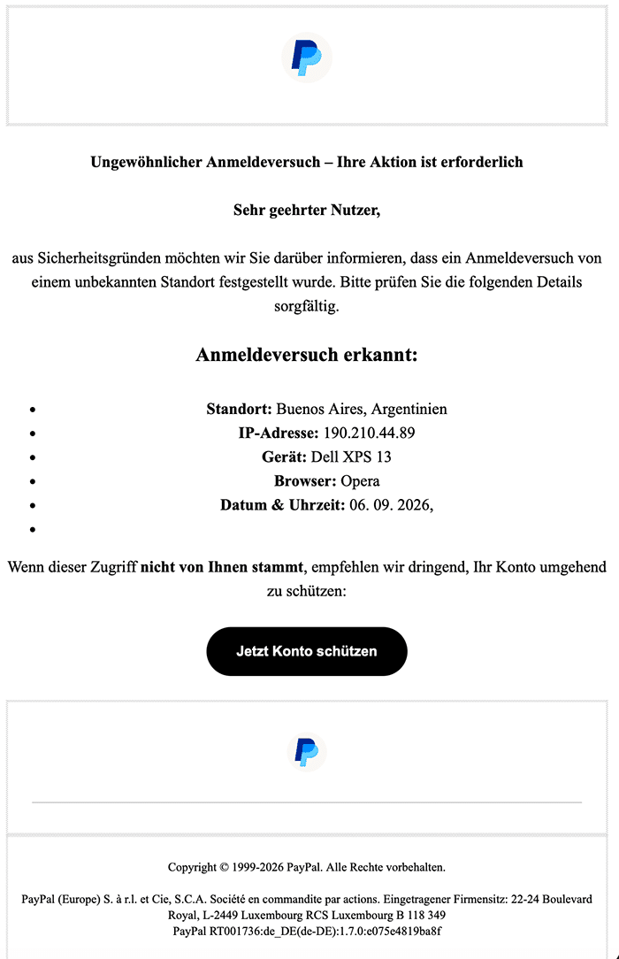 Screenshot: Angeblicher Anmeldeversuch: Achtung, PayPal-Phishing-Nachricht!