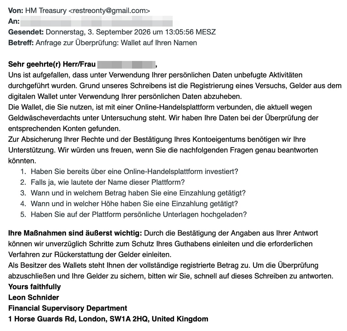 Screenshot: „HM Treasury“ – Betrug mit angeblicher Rückerstattung