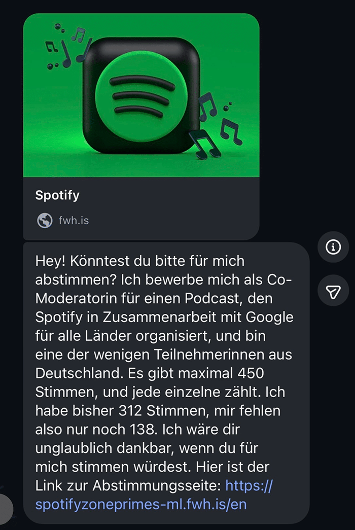 Screenshot: Angebliches Spotify-Voting lockt in Fake-Login