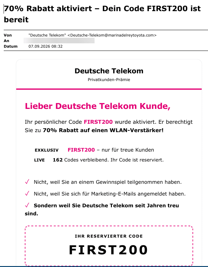 Screenshot: Phishing im Namen von Deutsche Telekom