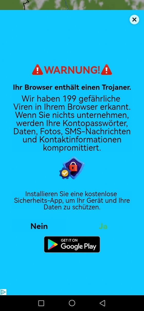 Screenshot: Fake-Sicherheitswarnung: Angeblich 199 Viren auf dem Gerät