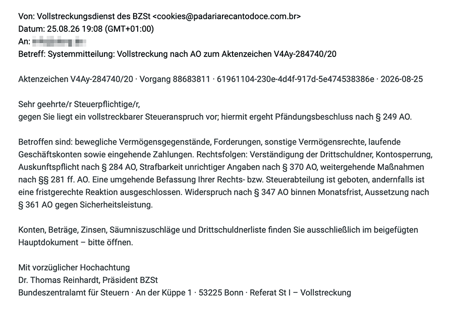 Screenshot: Gefälschter Pfändungsbeschluss: Diese BZSt-Mail stammt nicht vom Bundeszentralamt für Steuern