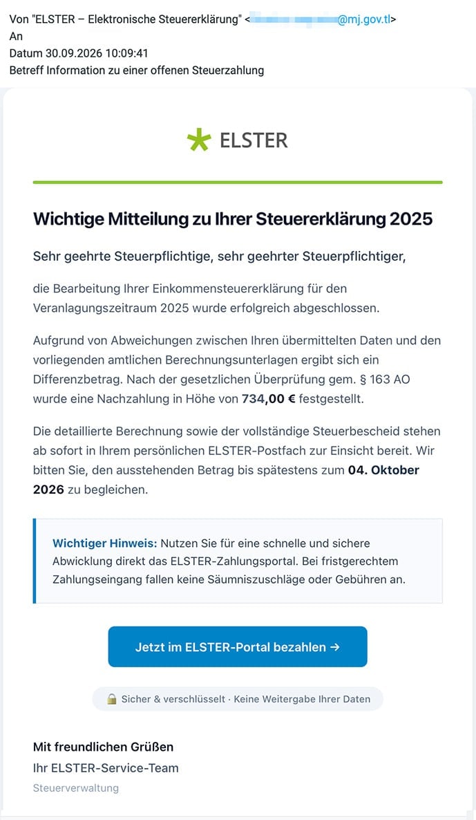 Screenshot: Fake-Steuernachzahlung bei ELSTER