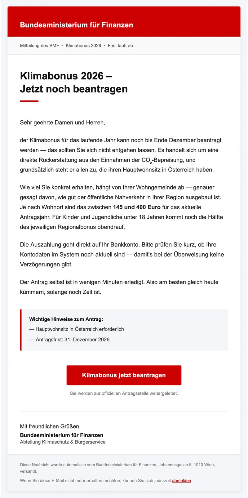 Screenshot: Klimabonus 2026: Betrügerische Mail sammelt persönliche Daten