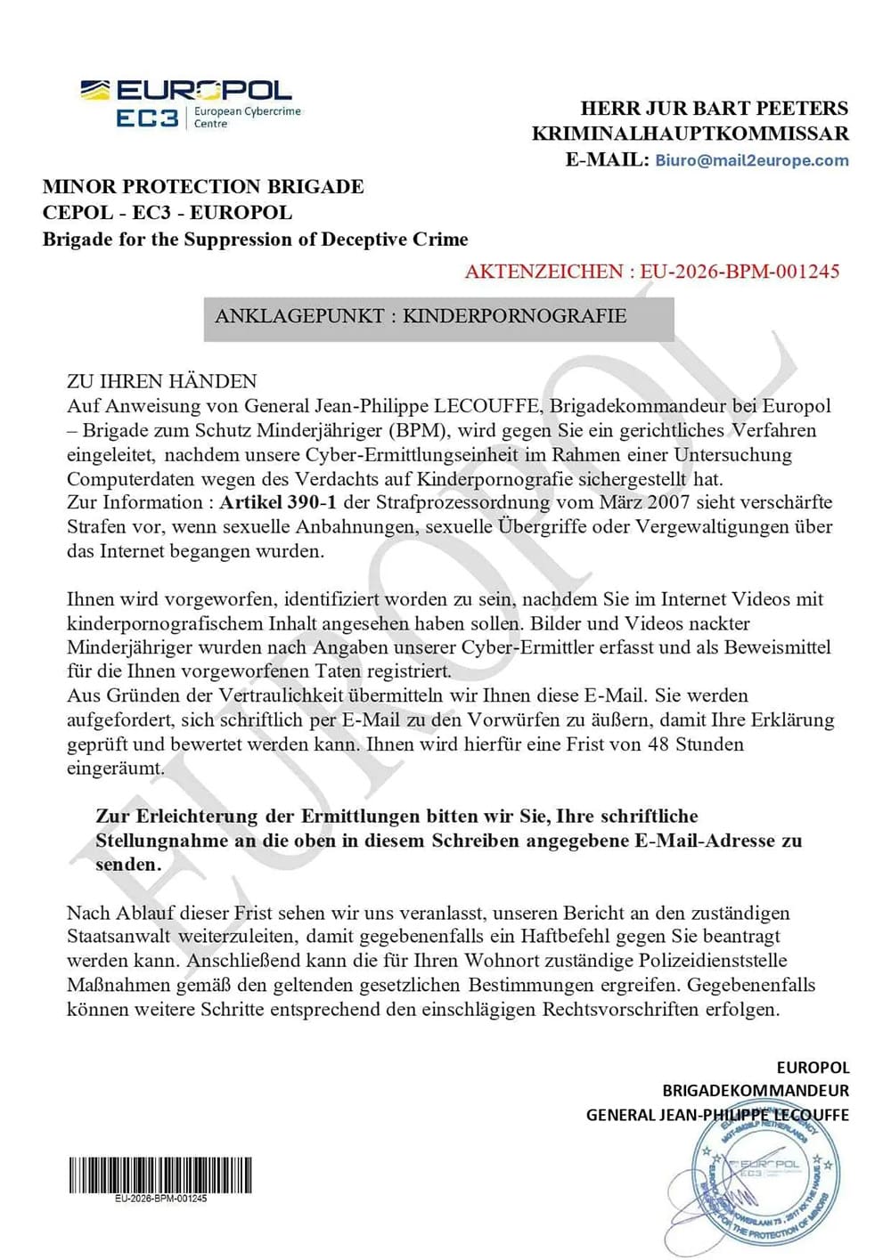 Screenshot: Europol: Fake-Mail droht mit Haftbefehl