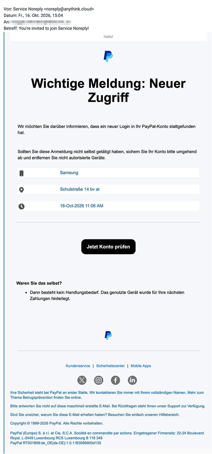 Screenshot: Logindaten und Sicherheitscode: Phishing im Namen von PayPal