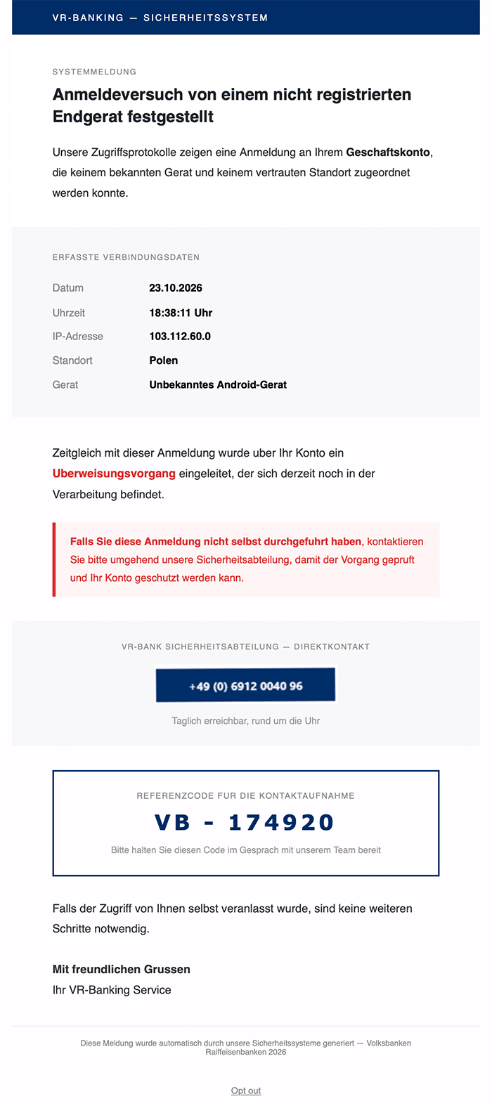 Screenshot: Fake-VR-Banking-Mail fordert zum Anruf auf