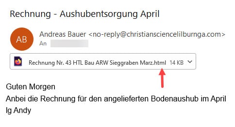 Screenshot: Gefälschte Rechnung per HTML-Anhang