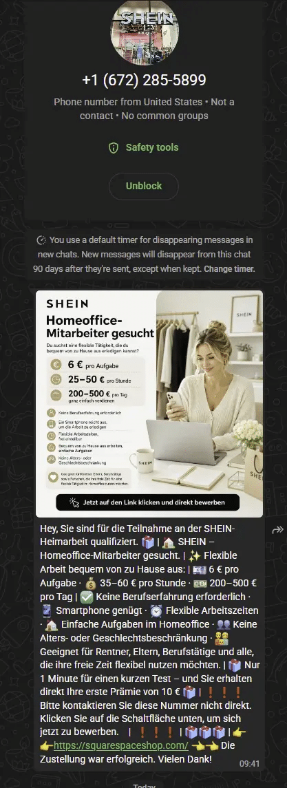 Screenshot: Fake-SHEIN-Job per WhatsApp