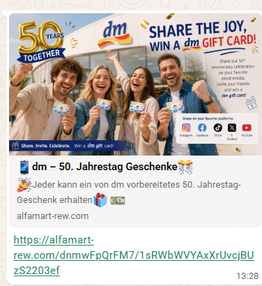 Screenshot: DM-Jubiläumsfalle per Nachricht