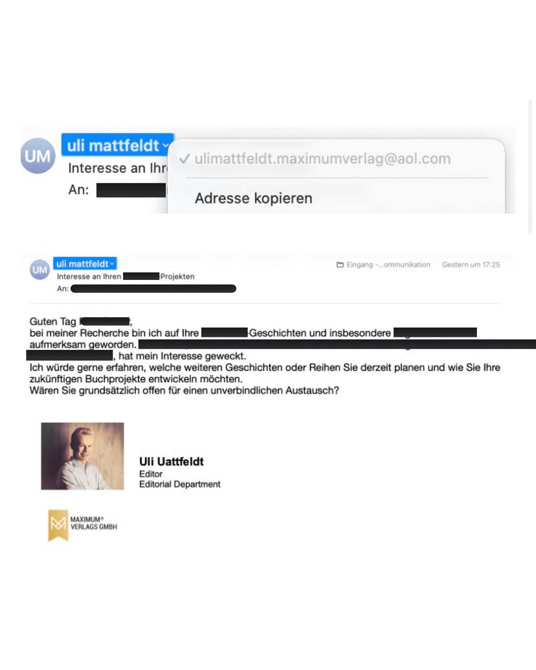 Screenshot: Phishing-Mail im Namen von Maximum Verlag