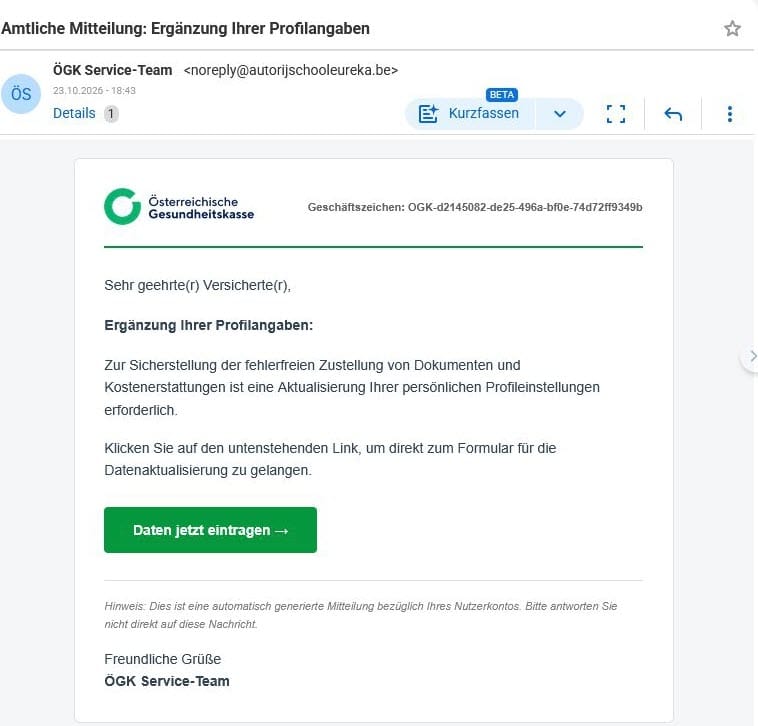 Screenshot: Phishing im Namen der ÖGK