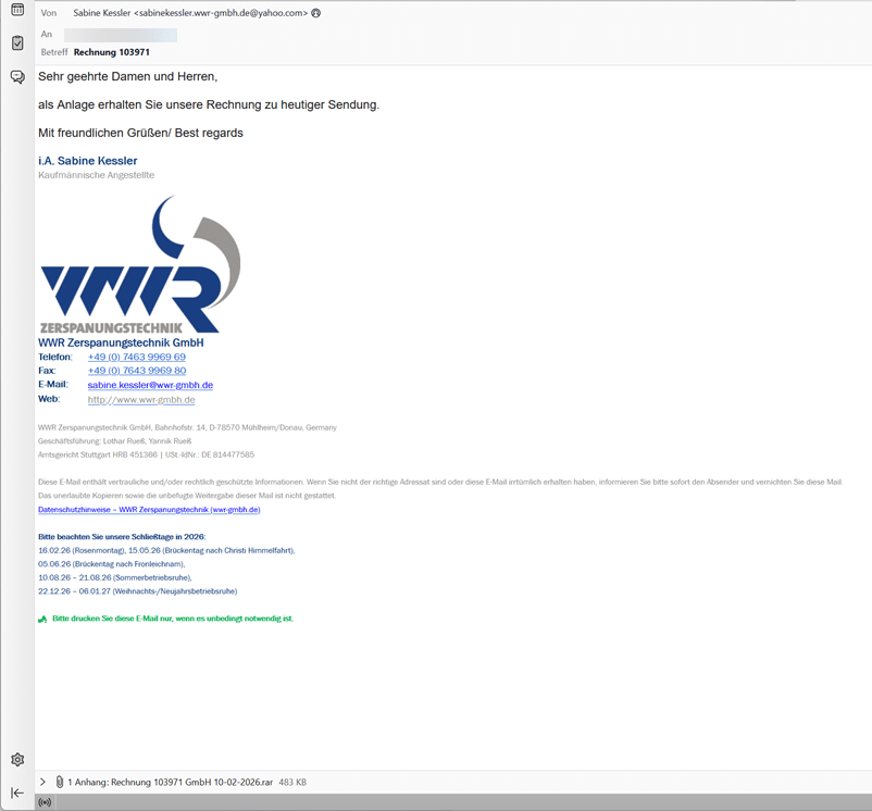 Screenshot: Fake-Rechnung im Namen von WWR GmbH