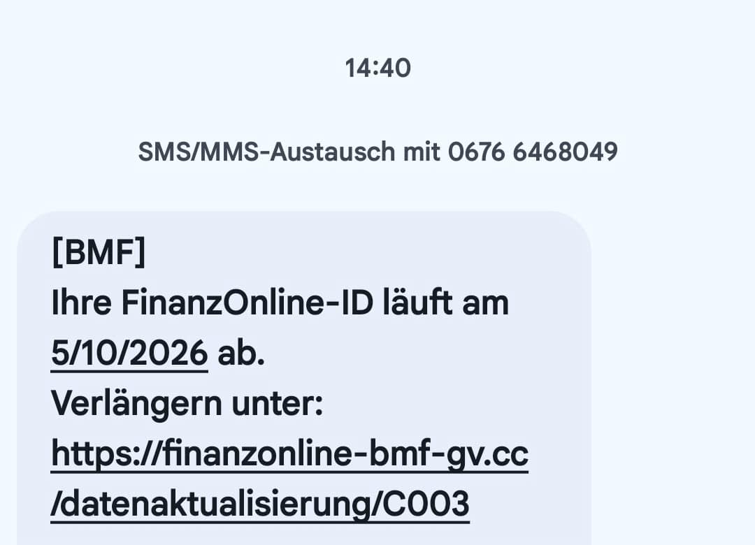 Screenshot: Phishing per SMS im Namen des BMF