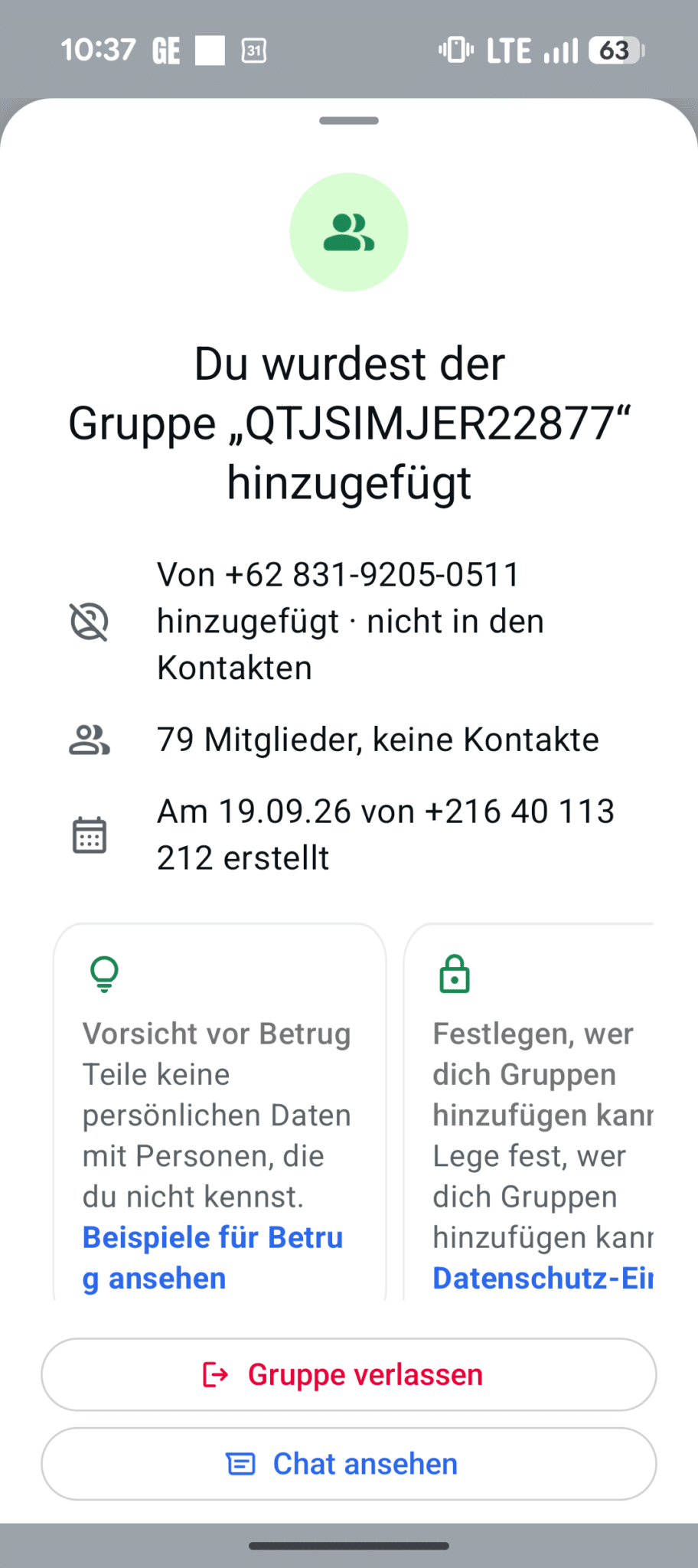Screenshot: Unbekannte Nummer fügt dich zu Gruppe hinzu