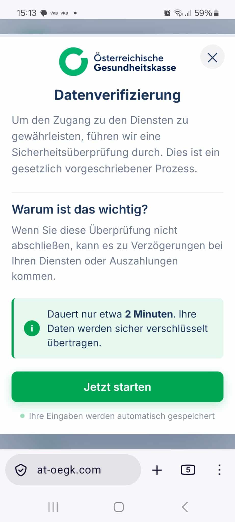 Screenshot: Fake-ÖGK-Seite zur Datenverifizierung