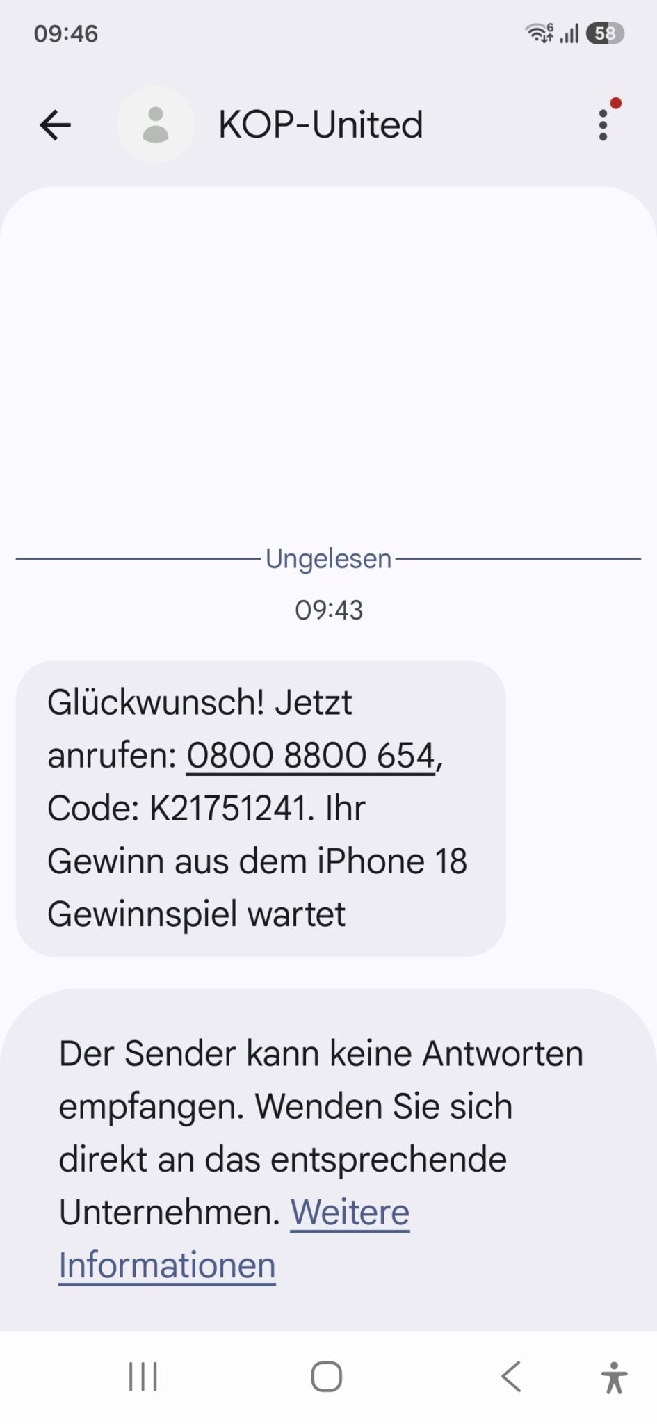 Screenshot: Fake-Gewinnspiel im Namen von KOP-United