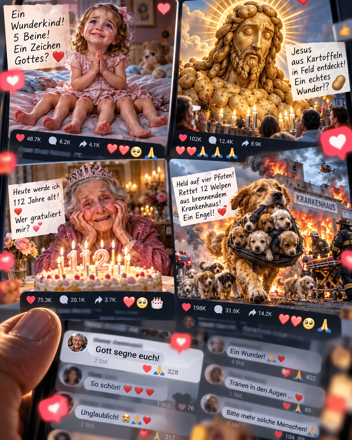 KI-generiertes Bild: ein Social-Media-Feed voller erfundener Sensations- und Wunderbeiträge