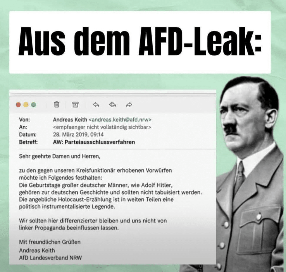 Eingesandte Grafik mit einer Andreas Keith zugeschriebenen E-Mail vom 28. März 2019 und einem Hitler-Porträt