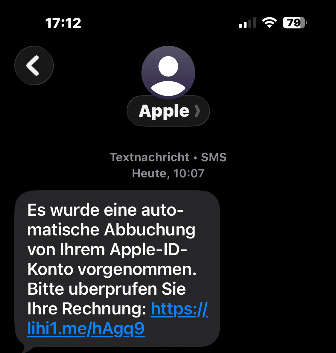 Screenshot: Fake-SMS von Apple mit Rechnungslink