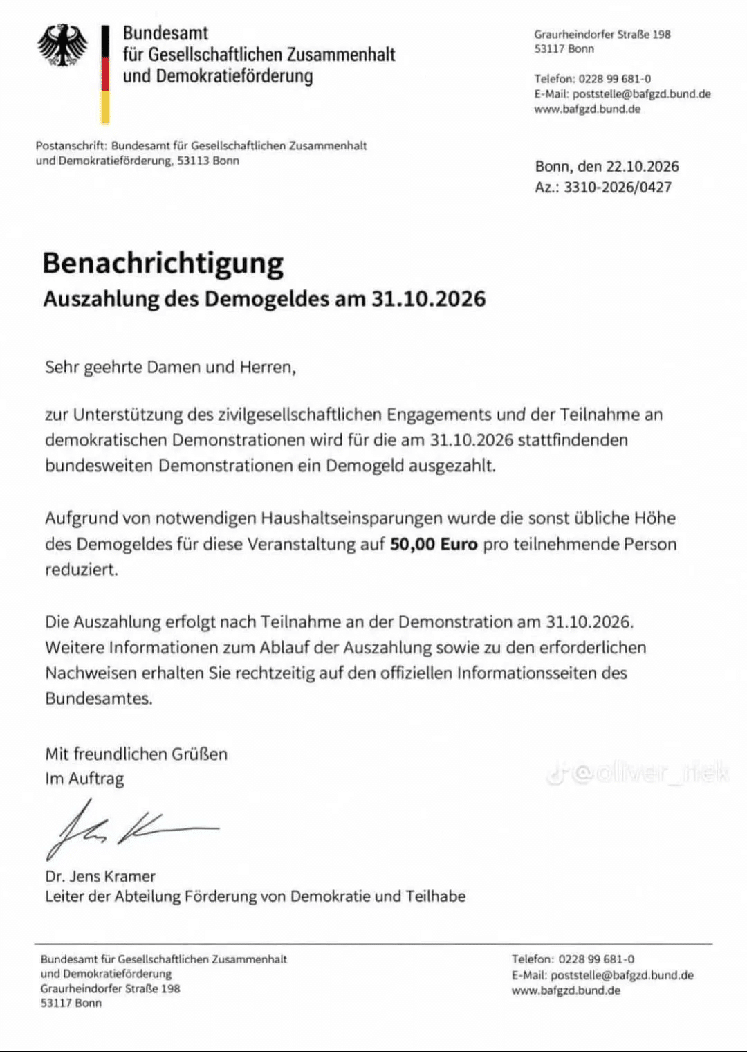 Gefälschtes Schreiben eines erfundenen Bundesamtes mit der Behauptung, am 31. Oktober 2026 würden 50 Euro Demogeld ausgezahlt.