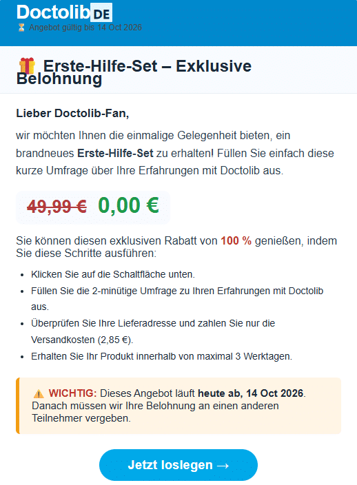 Screenshot: Doctolib lockt mit Gratis-Erste-Hilfe-Set
