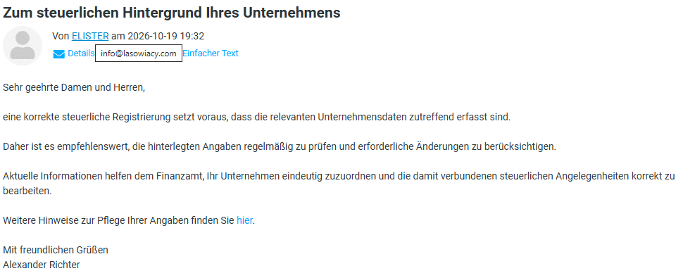 Screenshot: Verdächtige ELSTER-Nachricht