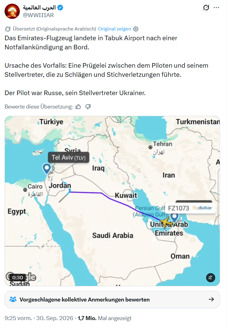 Arabischsprachiger X-Beitrag in deutscher Übersetzung: Ein Emirates-Flugzeug sei in Tabuk gelandet, Ursache sei eine Prügelei zwischen einem russischen Piloten und seinem ukrainischen Stellvertreter. Darunter eine Karte mit der Flugroute von FZ1073 und dem Flydubai-Logo.