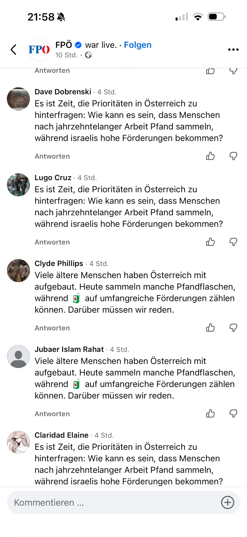 Facebook-Ansicht aus der Dokumentation des Ausgangsfalls