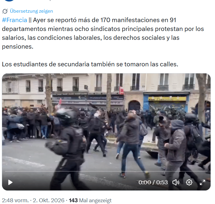 Spanischsprachiger Beitrag vom 2. Oktober 2026 mit einem Video eines Polizeieinsatzes in Frankreich