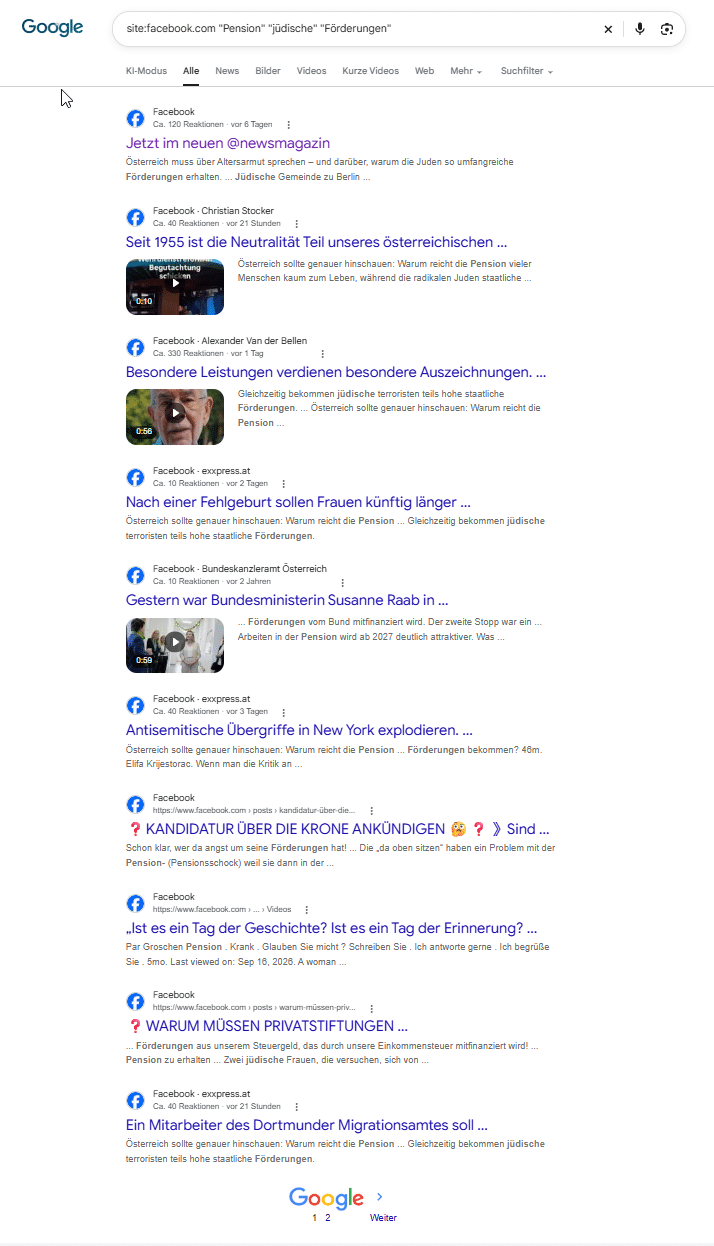 Google-Suchergebnisse zu Pensionen und angeblichen jüdischen Förderungen, eingeschränkt auf Facebook
