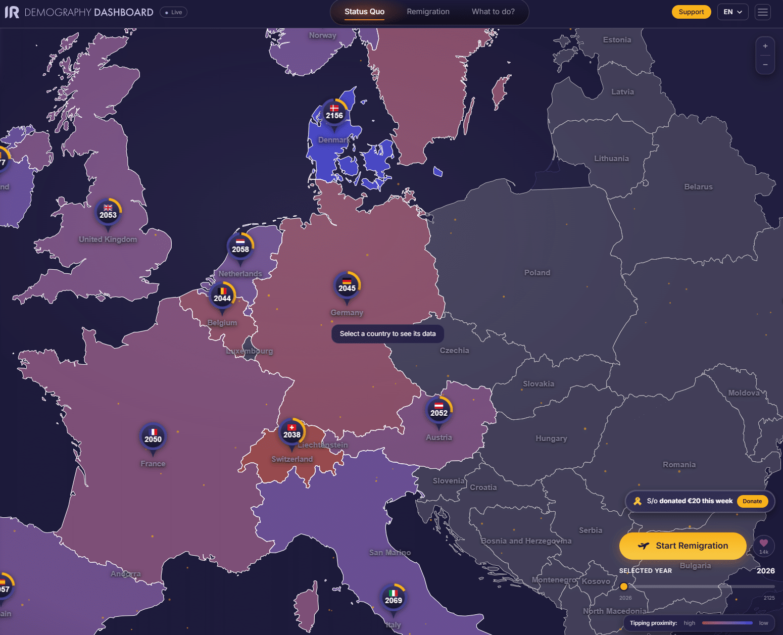 Originale Europakarte des IFR Demography Dashboard mit Jahreszahlen für die Schweiz, Deutschland und Österreich