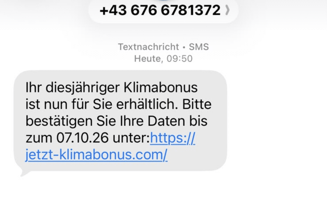 Screenshot: Fake-SMS zum Klimabonus lockt auf Phishing-Seite