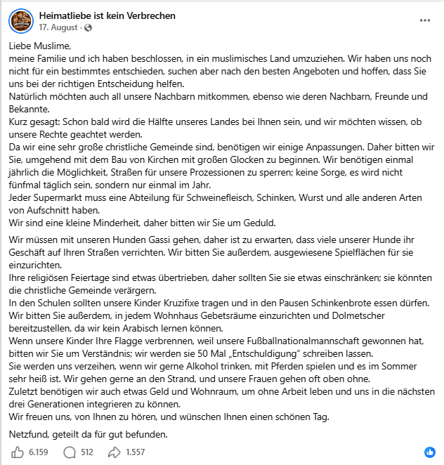 Screenshot des Facebook-Kettenposts mit der Anrede Liebe Muslime und einer erfundenen Forderungsliste