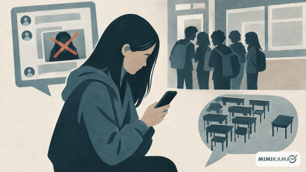 Symbolische Mimikama-Editorial-Illustration (KI-generiert): Cybermobbing: Warum Eltern auch die Schule einbeziehen sollten