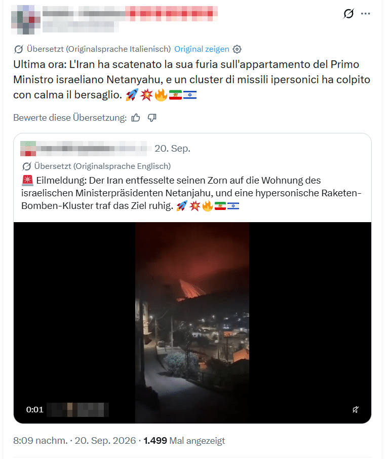 Italienischsprachiger Beitrag auf X vom 20. September 2026, der einen englischsprachigen Beitrag mit dem nächtlichen Explosionsvideo teilt. Beide behaupten einen iranischen Raketentreffer auf Netanyahus Wohnung. Kontonamen sind unkenntlich gemacht.
