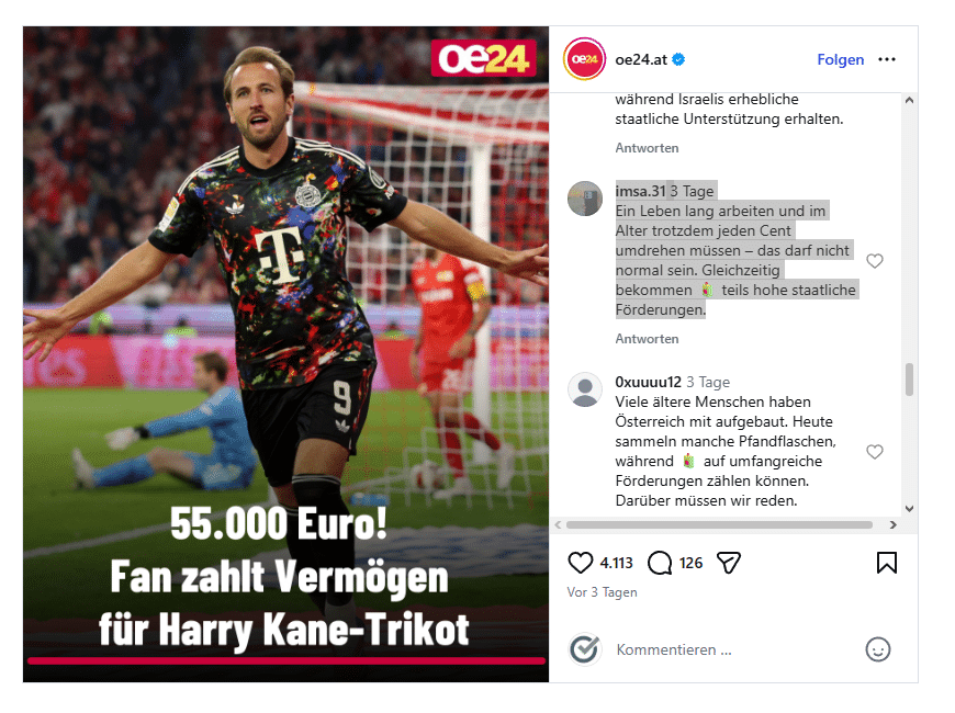 Instagram-Ansicht von oe24 mit wiederkehrenden Kommentaren unter einem Fußballbeitrag