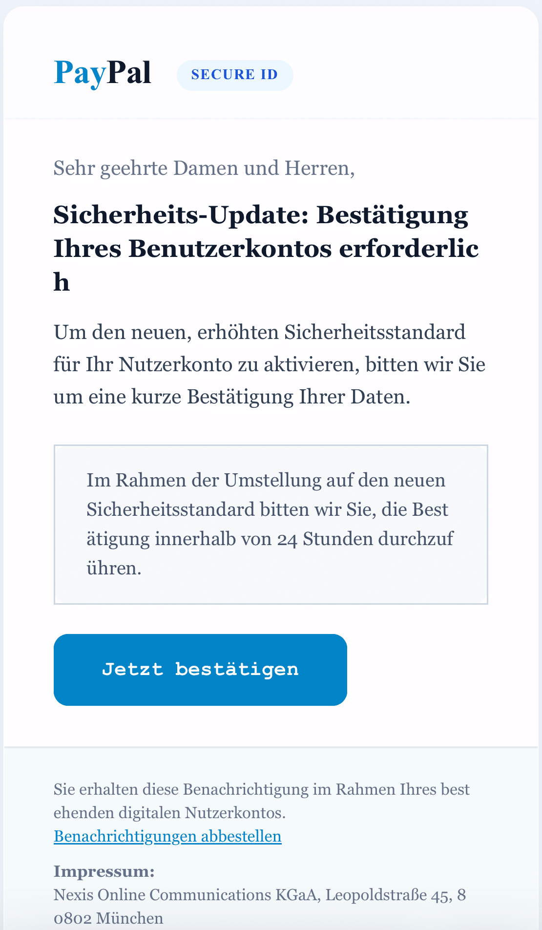 Screenshot: PayPal: Fake-Konto-Bestätigung per Mail