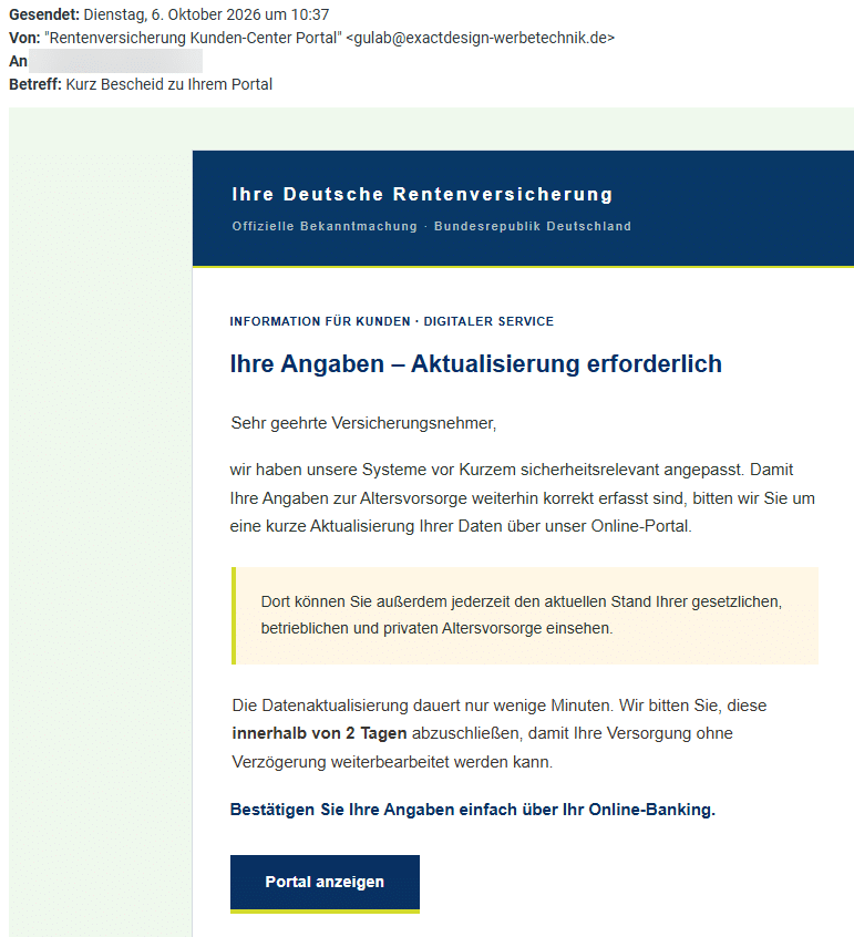 Screenshot: Fake-Mail fordert Datenupdate bei der DRV